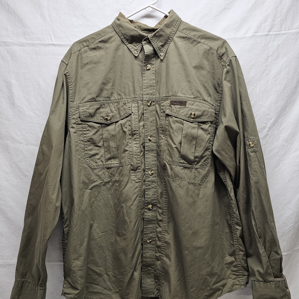 VTG Men’s Olive Green Long Sleeve Button Up Shirt Outdoor Fishing Utility Pocket